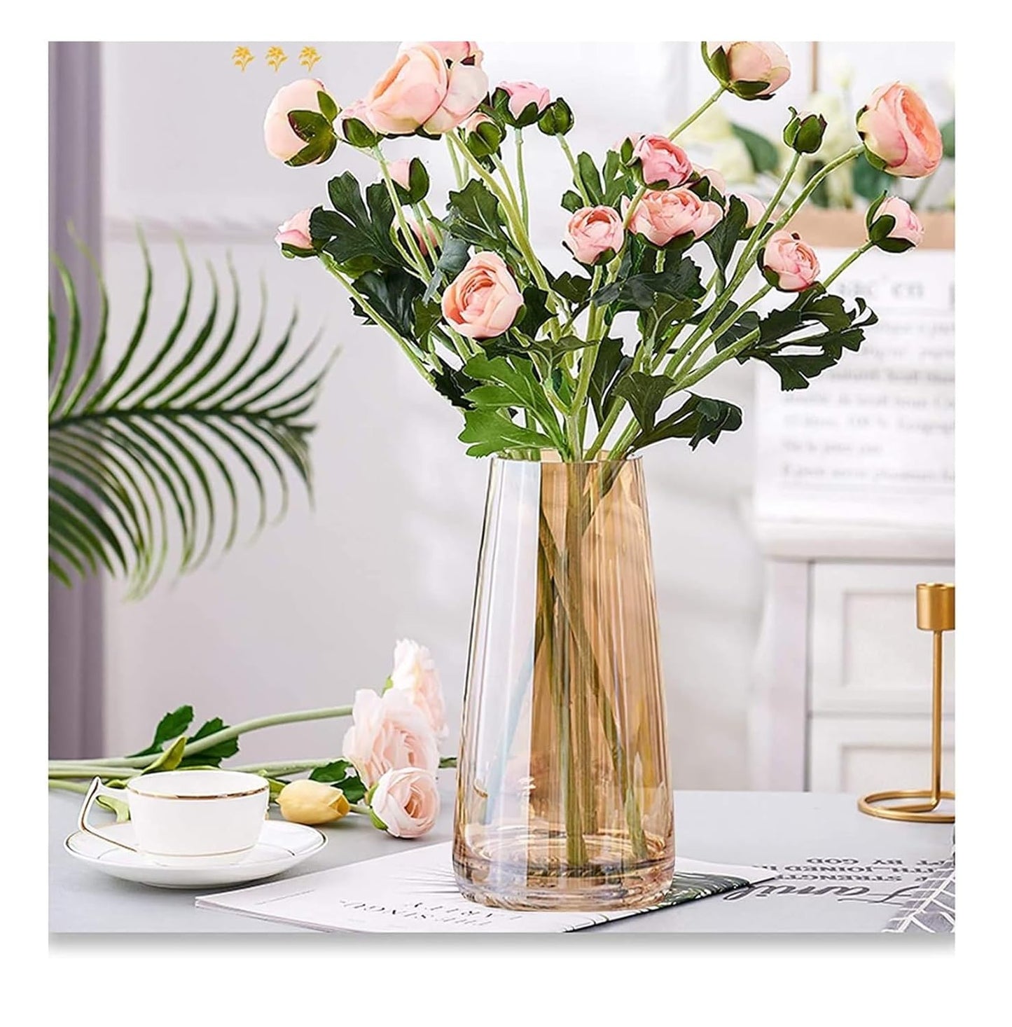 Decorative Glass Vase for Flowers Plants (Crystal Amber, Approx 9 Inches Height)