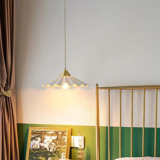 All-Copper Ceramic Floral Pendant Light – Japanese Vintage Chandelier for Bedroom Bedside, Retro Rice-Hat Dining & Bar Table Lam