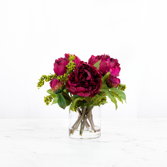 Real touch peony arrangement in glass vase - 10"