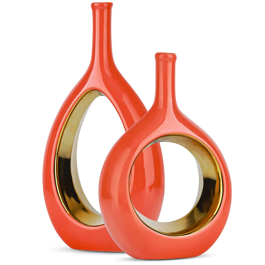 Orange and Gold Vase Ceramic Orange Vases Home DecorModern Minimalist Circle with Hole Decorative Vase Hollow Ellipse Flower vases for Bookshelf Fireplace MantleCenterpiecesFarmhouseRustic Décor