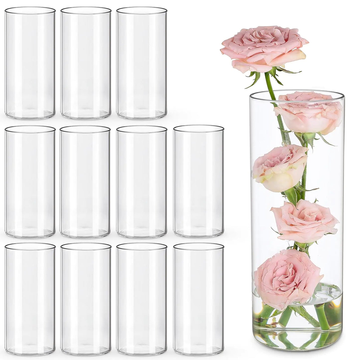 12pcs Glass Cylinder Vases for Centerpieces | 8 Inch Tall Clear Flower Vase for Wedding Decorations Floating Candle Holders for Dinner Table Bridal Shower Christmas Home Décor