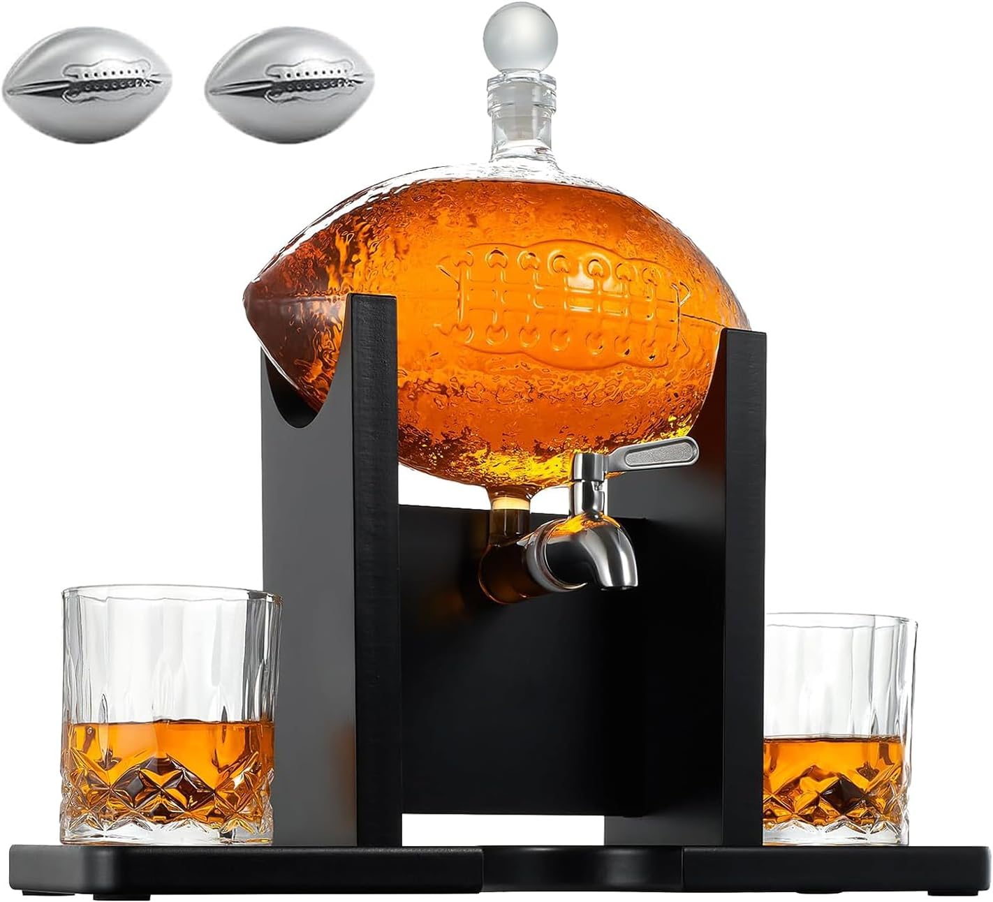 Football Decanter with 2 Whiskey & Wine Glasses & Chillers - For Office, Home or Party - Gift for Husband, Father's day, Men, Sports Lover - Liquor, Scotch & Bourbon 1400ml, NFL, Superbowl, Gifts Decorations
