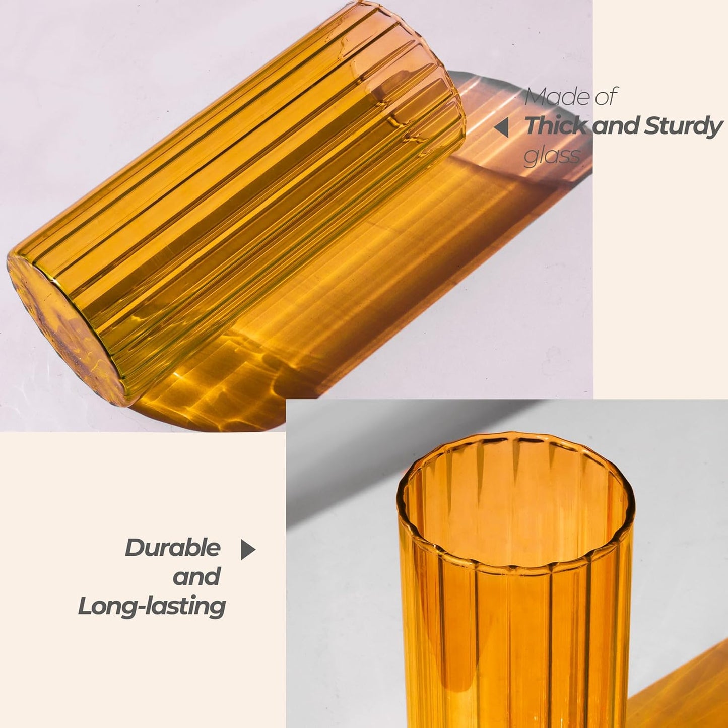 ComSaf Glass Cylinder Vases Bud Vase for Centerpieces 8 Inch Tall Ribbed Vase Hurricane Floating Candle Holder Decorative Flower Vases for Wedding Reception Home Decor Housewarming Gift (Amber)
