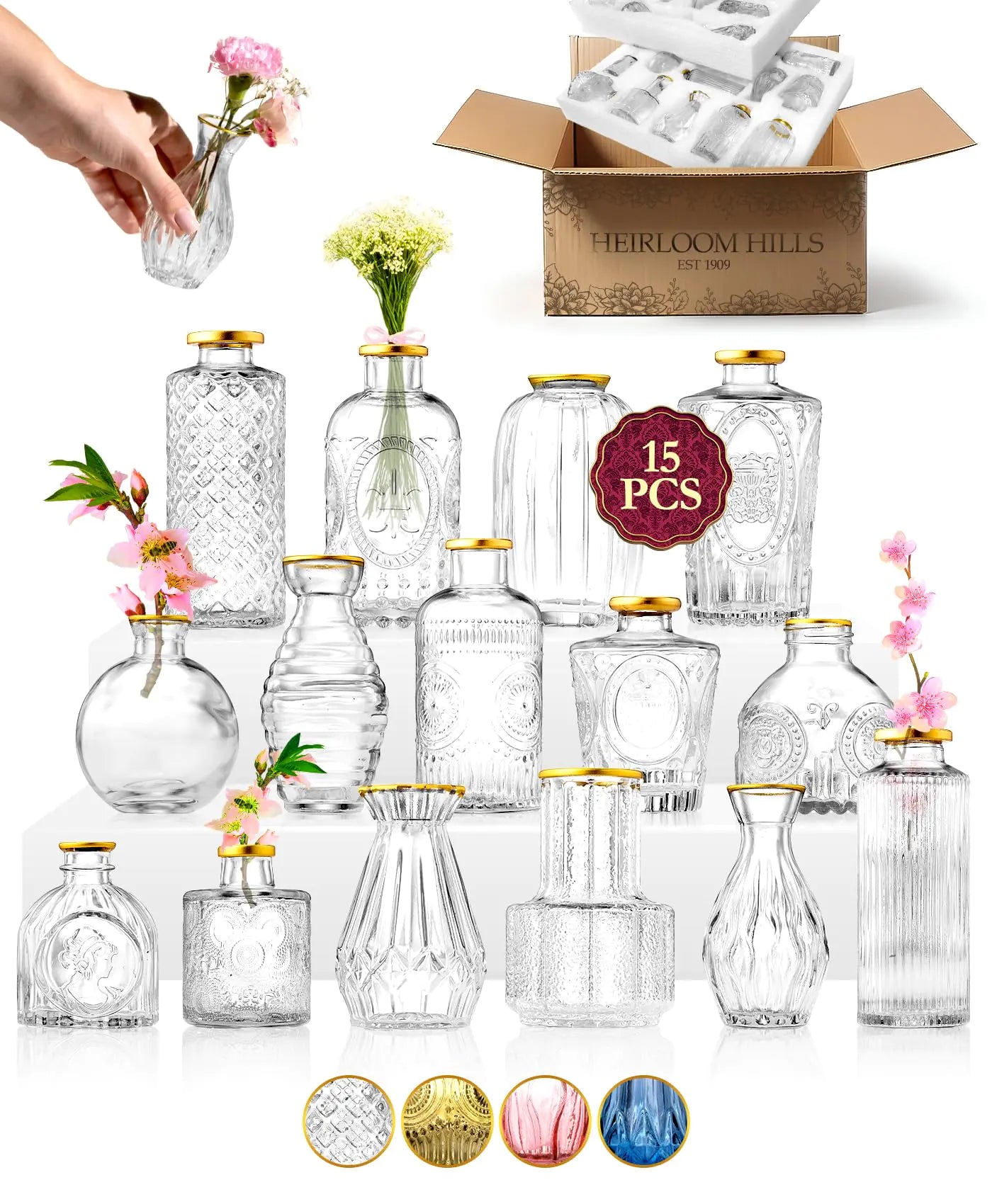 Premium Heirloom Hills Bud Vases for Home Decor Crystal Clear Glass Flower Vase Set of 15 with Hand-Painted Gold Rims Small Vases for Centerpieces and Wedding Decorations (Clear Set of 15)