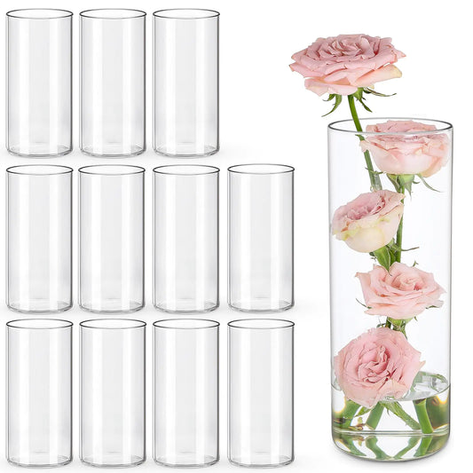 12pcs Glass Cylinder Vases for Centerpieces | 8 Inch Tall Clear Flower Vase for Wedding Decorations Floating Candle Holders for Dinner Table Bridal Shower Christmas Home Décor