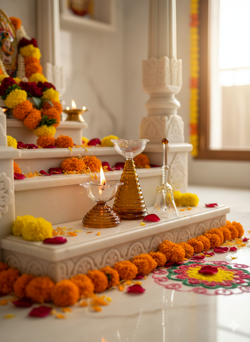 Amber Pooja Diya Set Of 1 Tall + 1 Small + 1 Ringing Bell