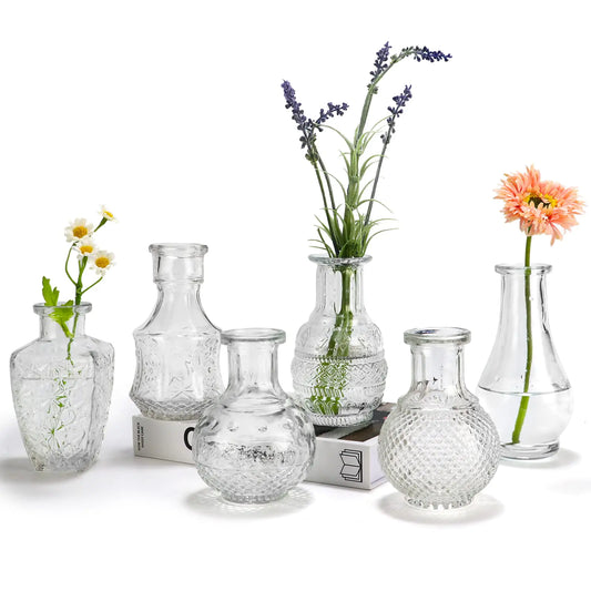 Clear Glass Single Bud Vases Set of 6BIGIVACA Vintage Bud Vases in BulkBud Vase for CenterpieceSmall Embossed Flower Vases for Wedding Home Decor