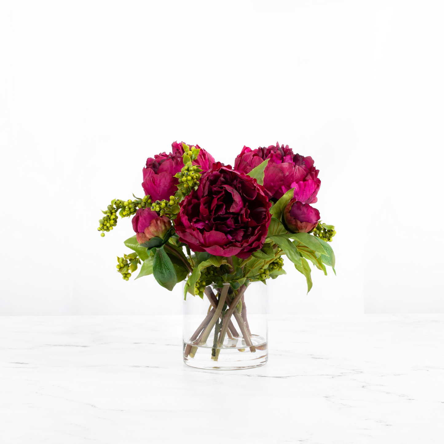 Real touch peony arrangement in glass vase - 10"