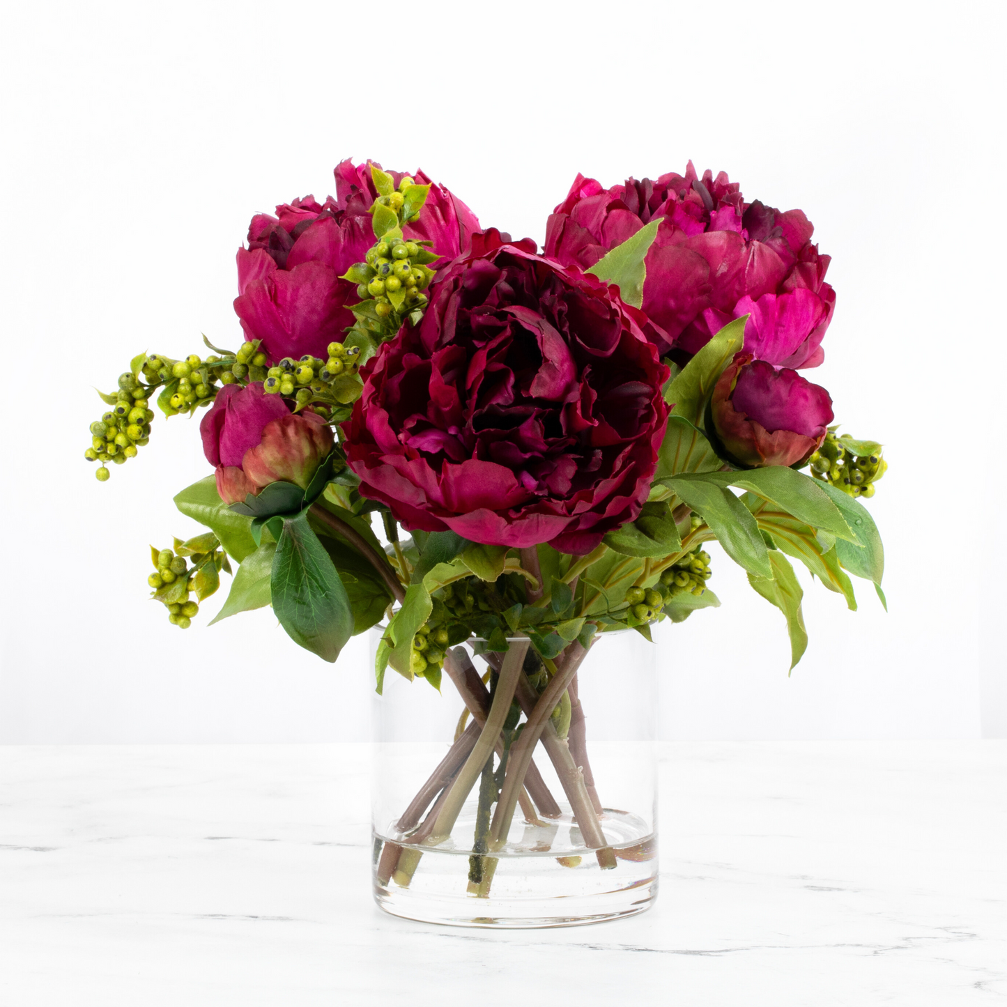 Real touch peony arrangement in glass vase - 10"