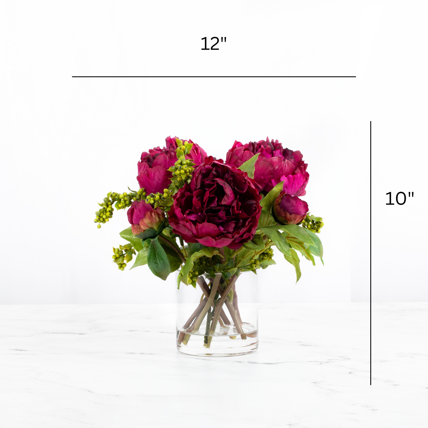 Real touch peony arrangement in glass vase - 10"