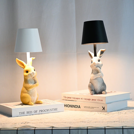 NNEDSZ Yellow Bunny White Lampshade Adorable Rabbit Resin Table Lamp - 3-Color LED, USB Rechargeable, Touch Dimming