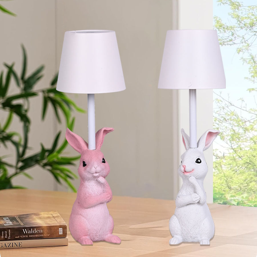 NNEDSZ Yellow Bunny White Lampshade Adorable Rabbit Resin Table Lamp - 3-Color LED, USB Rechargeable, Touch Dimming