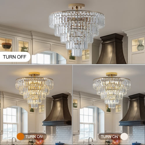 Golden Crystal Chandelier, 5-layer Round Semi-recessed Chandelier Lamp, Large Modern Luxury Chandelier, Suitable For Living Room, Dining Room, Bedroom, Corridor Unavailable Platforms- Temu