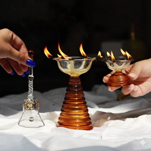 Amber Pooja Diya Set Of 1 Tall + 1 Small + 1 Ringing Bell